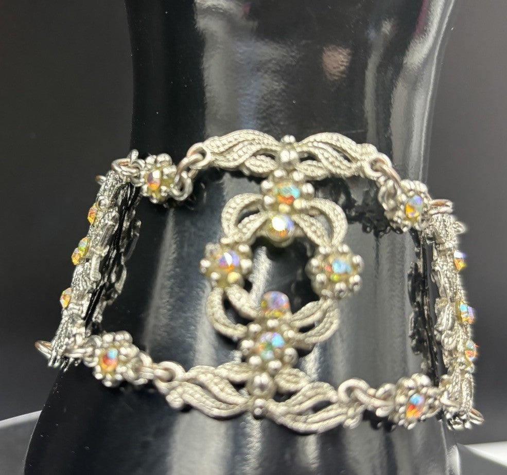 Vintage Aurora Borealis & Rhinestone Openwork Wide Filigree Bracelet