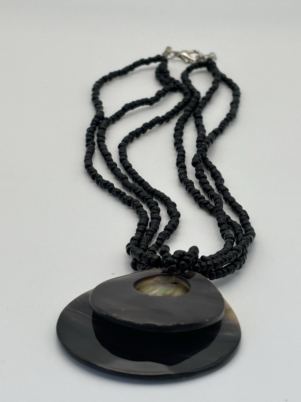 Mother of Pearl Shell Pendant Necklace – Black Beaded Multi Strand