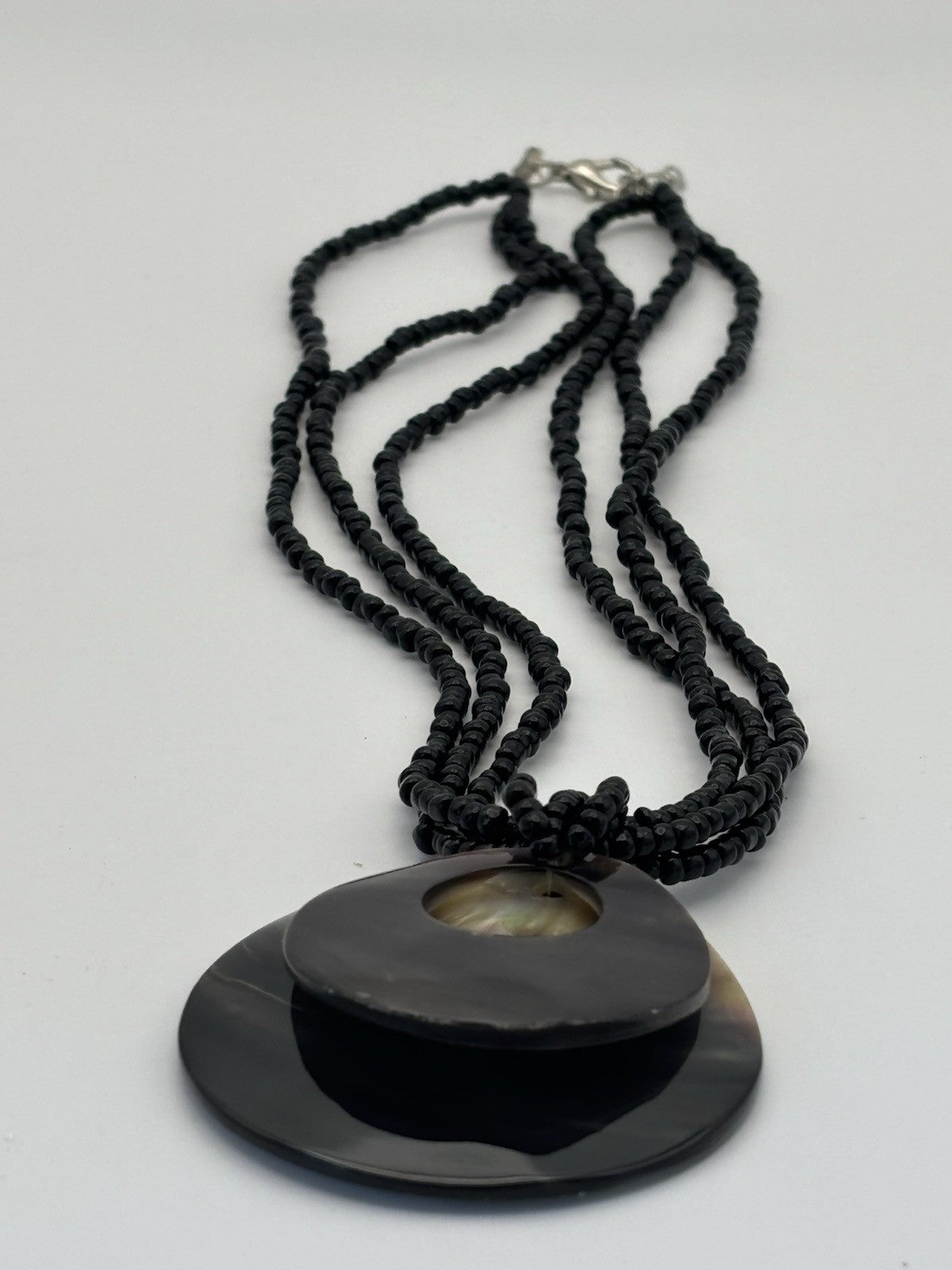 Mother of Pearl Shell Pendant Necklace – Black Beaded Multi Strand