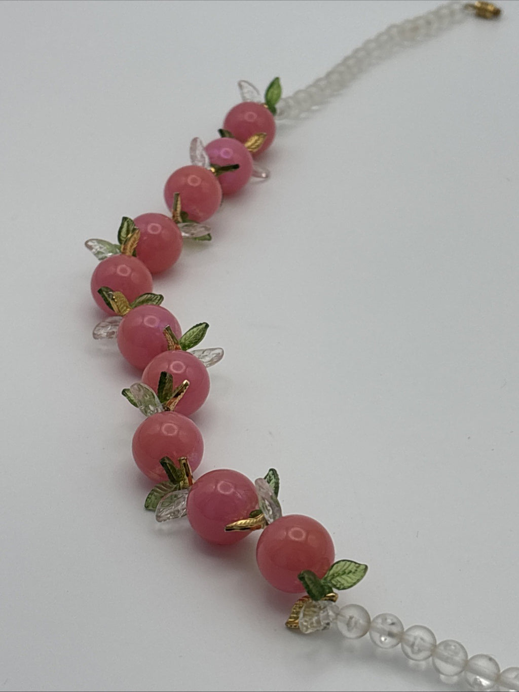 Vintage Pink Bead Fruit Necklace Clear Beads Gold and Green Leaf Accents