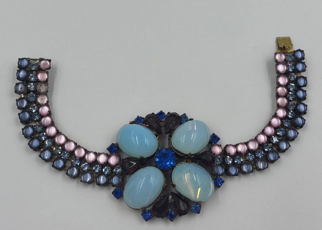 Husár D Vintage Opal Glass Rhinestone Bracelet Floral Czech Designer Jewelry