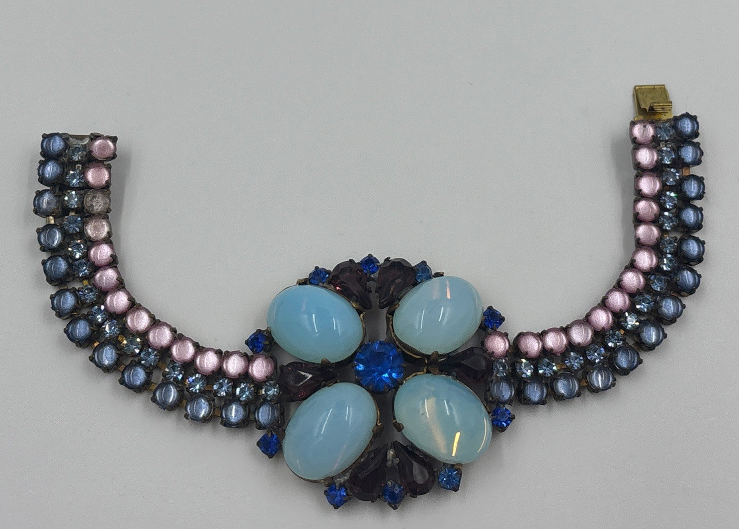 Husár D Vintage Opal Glass Rhinestone Bracelet Floral Czech Designer Jewelry
