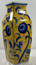 Hand Painted Chinese Porcelain Vase Square Shape – Blue Floral on Yellow Glaze