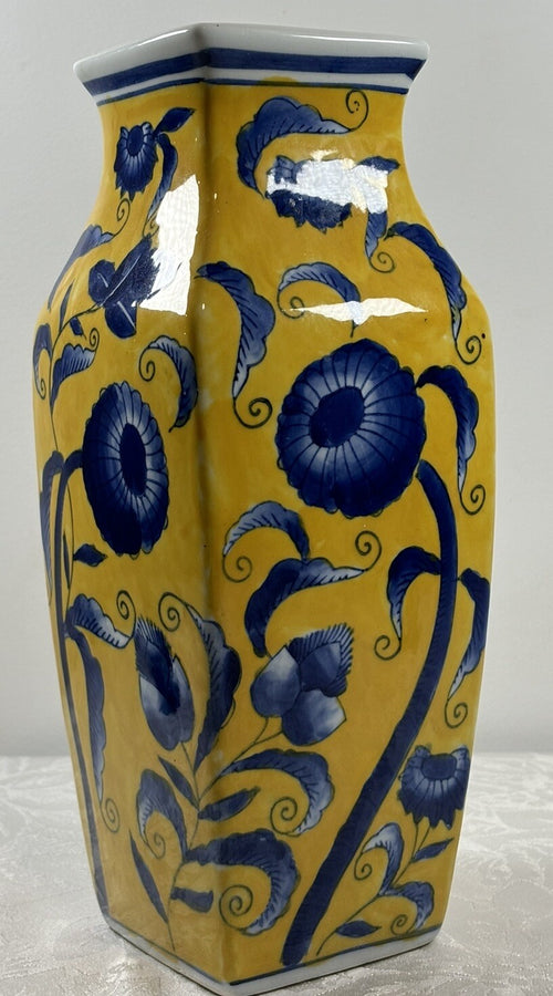 Hand painted Chinese square porcelain vase, blue floral on yellow glaze