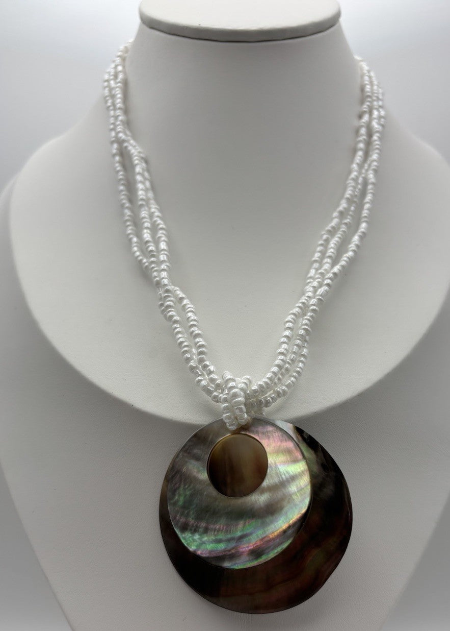 Mother of Pearl Shell Pendant Necklace – White Beaded Multi Strand