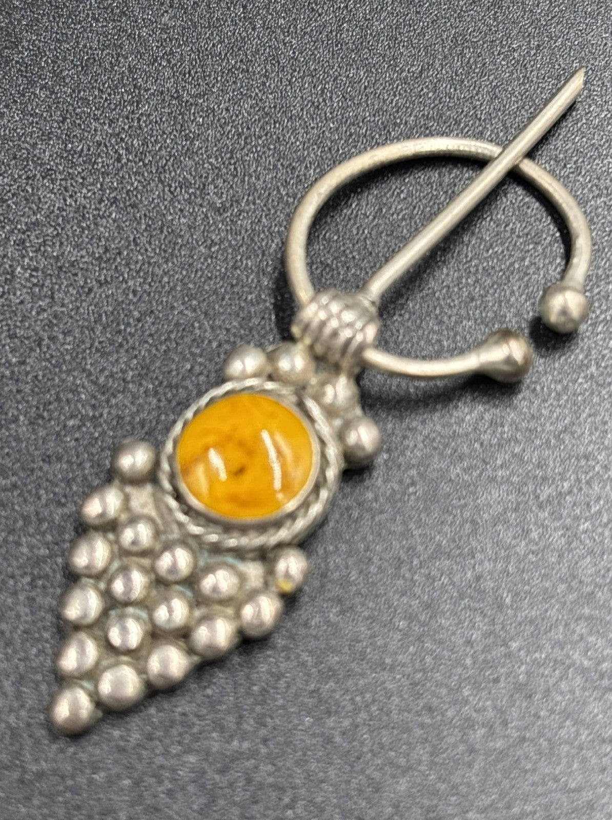 Vintage Berber Fibula Cloak Pin – Silver Tone, Amber Cabochon