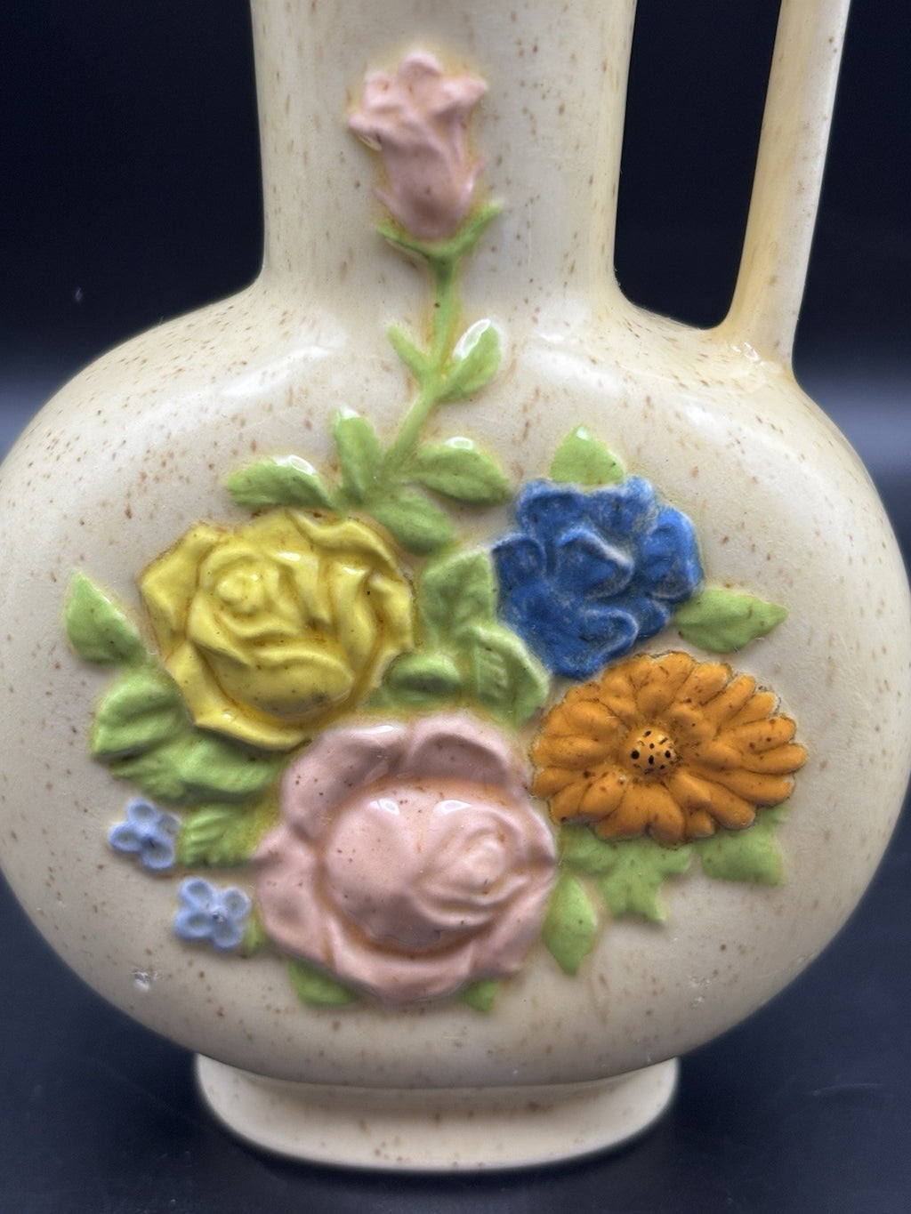 Vintage RNS Ceramic Floral Pitcher Vase Speckled Glaze Handled Jug
