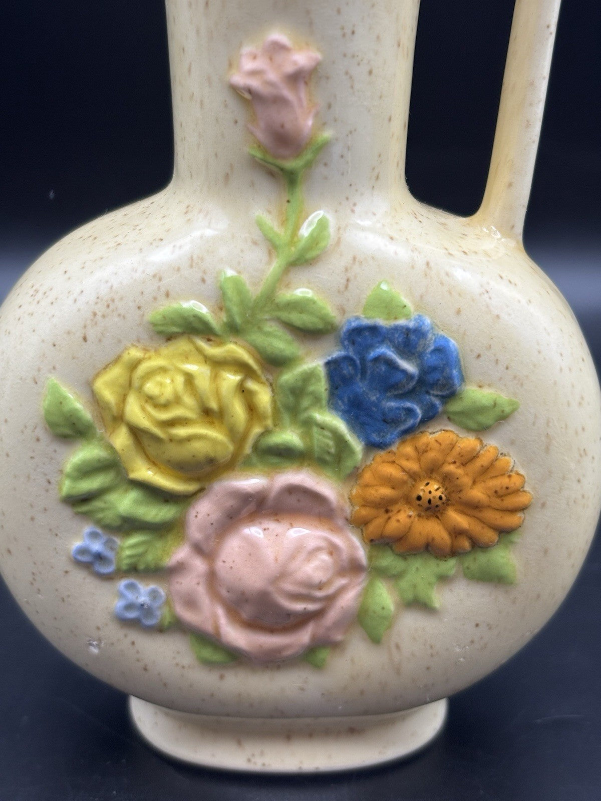 Vintage RNS Ceramic Floral Pitcher Vase Speckled Glaze Handled Jug