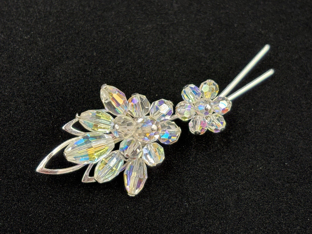 Aurora Borealis Glass Clear Crystal Brooch Flowers Gold Tone  Silver Tone