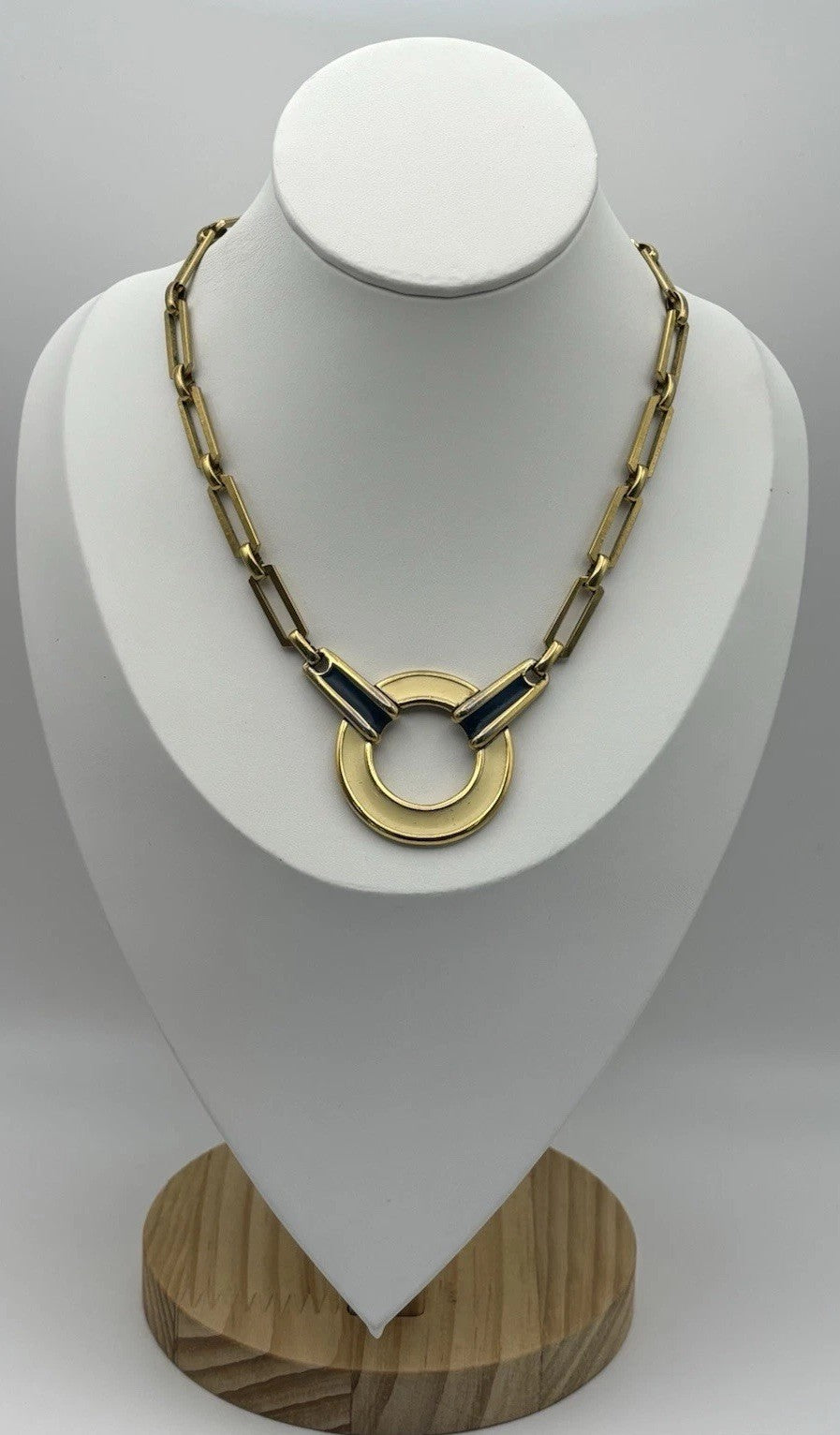 Vintage Monet Necklace Gold Tone Blue Enamel Circle Pendant