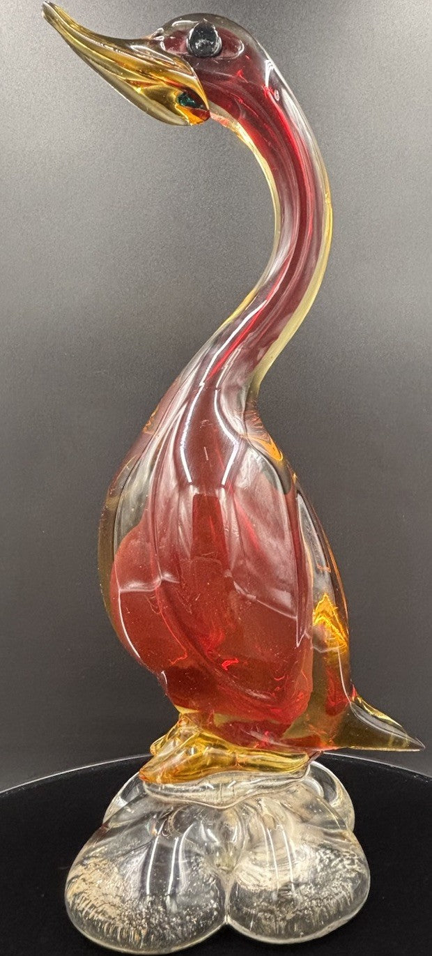 Vintage Murano Art Glass Duck Figurine Statue Red Amber & Clear 26cm In Height.