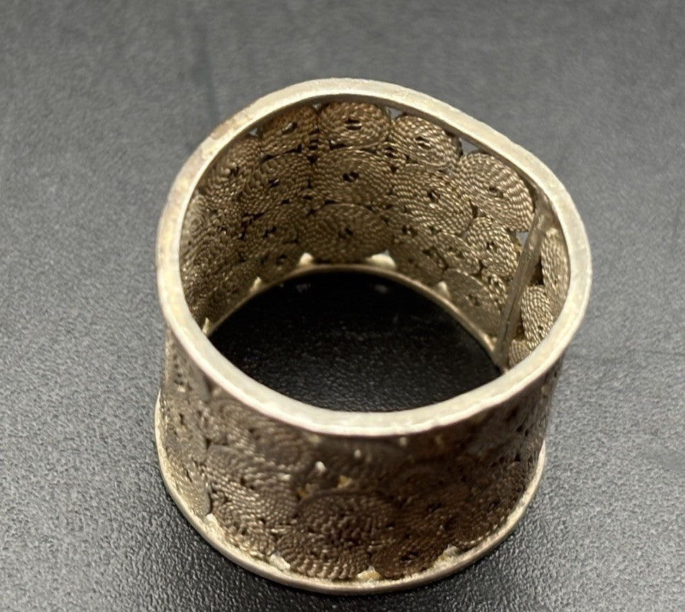 Vintage Sterling Silver Wide Filigree Statement Ring Artisan Openwork Band