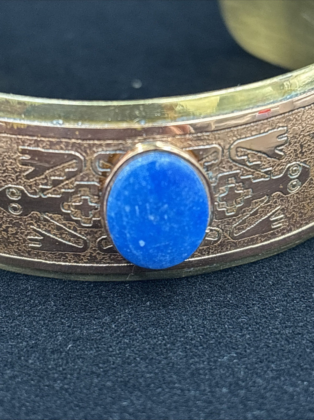 Vintage Brass Copper Cuff Bracelet With Lapis Lazuli Stone.