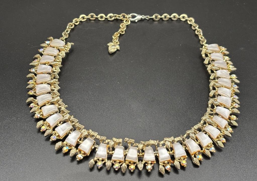 Vintage 1960s Gold Tone Leaf Lucite AB Rhinestone Necklace
