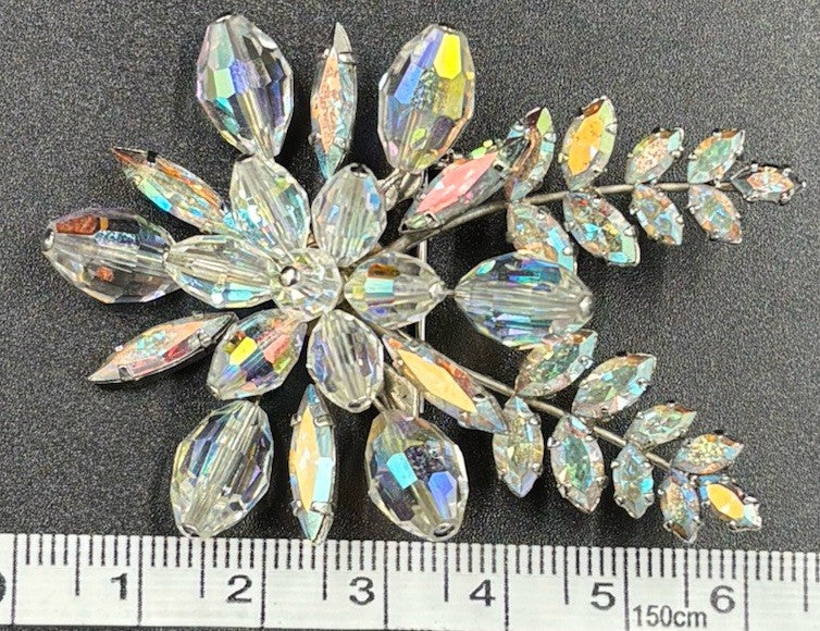 Vtg 1950s Aurora Borealis Crystal Spray Brooch Mid Century Silver Tone Floral