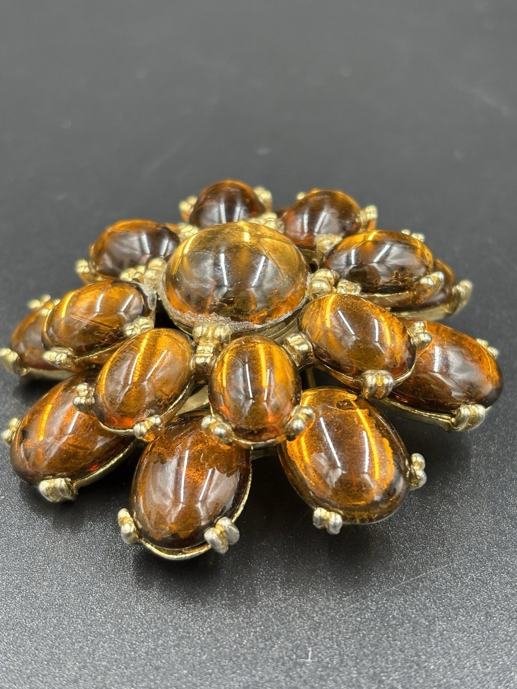 Huge Vintage Glass Brooch Tiger Eye Look 1950s Bold Statement Jewelry