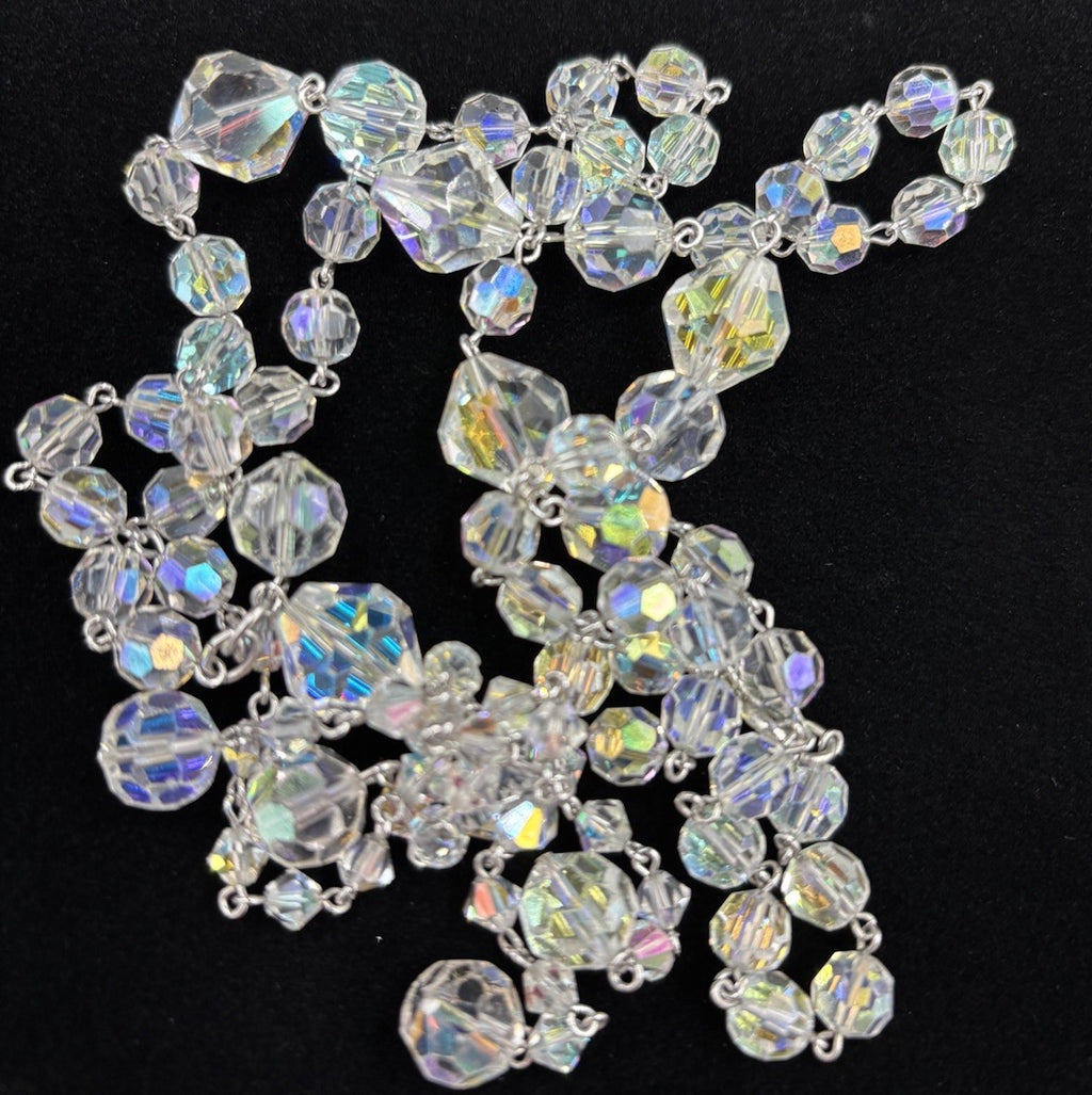 Vintage 1950s Aurora Borealis Crystal Necklace & Earrings Set Tassel Drop