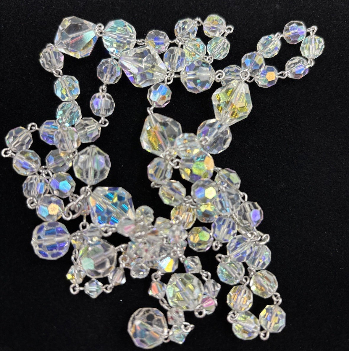 Vintage 1950s Aurora Borealis Crystal Necklace & Earrings Set Tassel Drop
