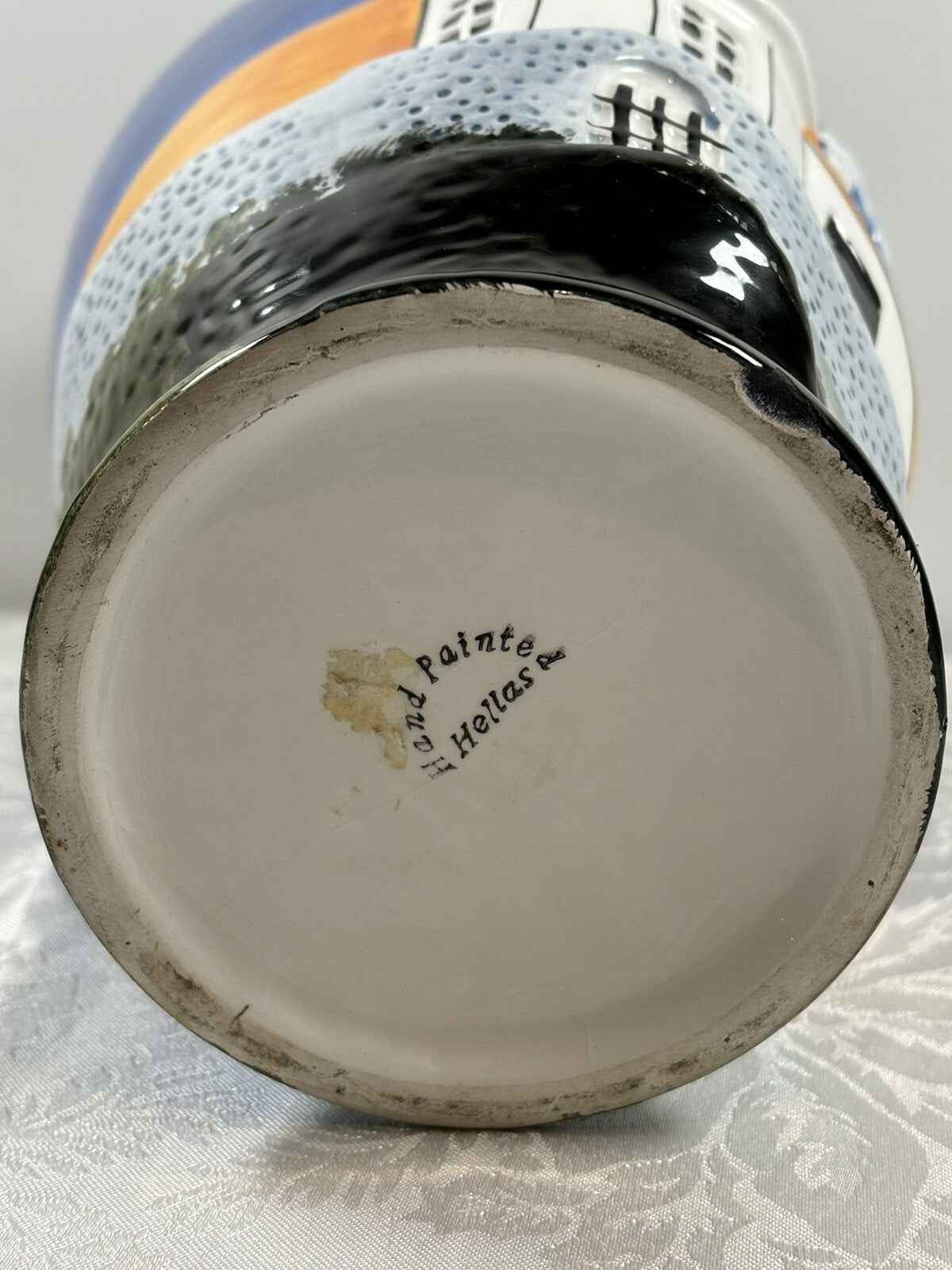 Vintage Greek Hand Painted Vase Santorini Church Scene Hellas Pottery