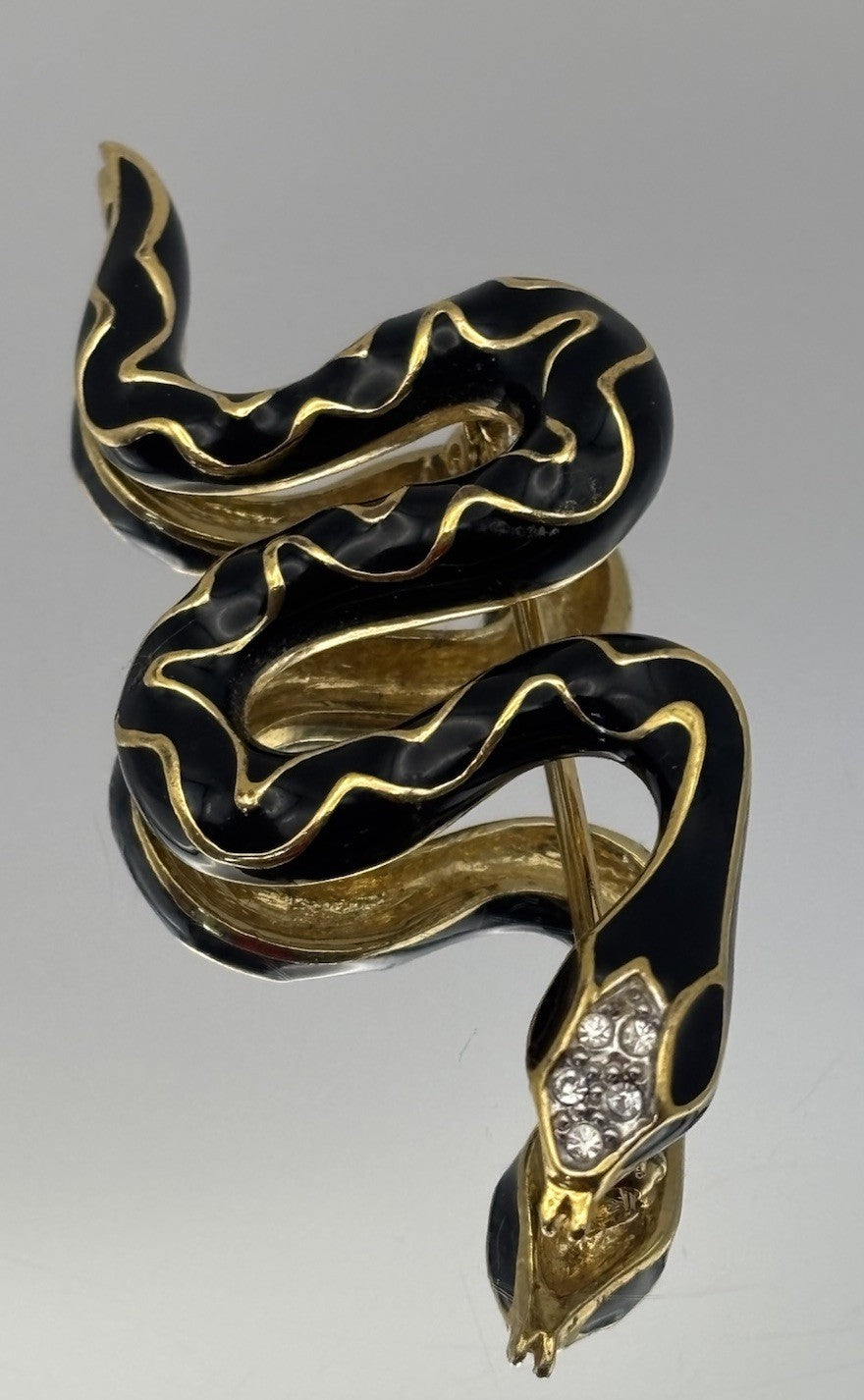 Vintage Black Enamel Snake Brooch Gold Tone Rhinestones 7cm