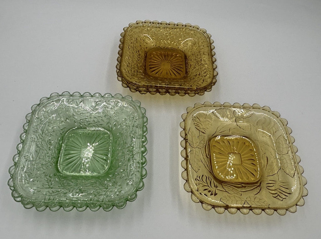 Vintage Uranium Glass Bowl UV Glow Dessert Plates Amber Depression Set