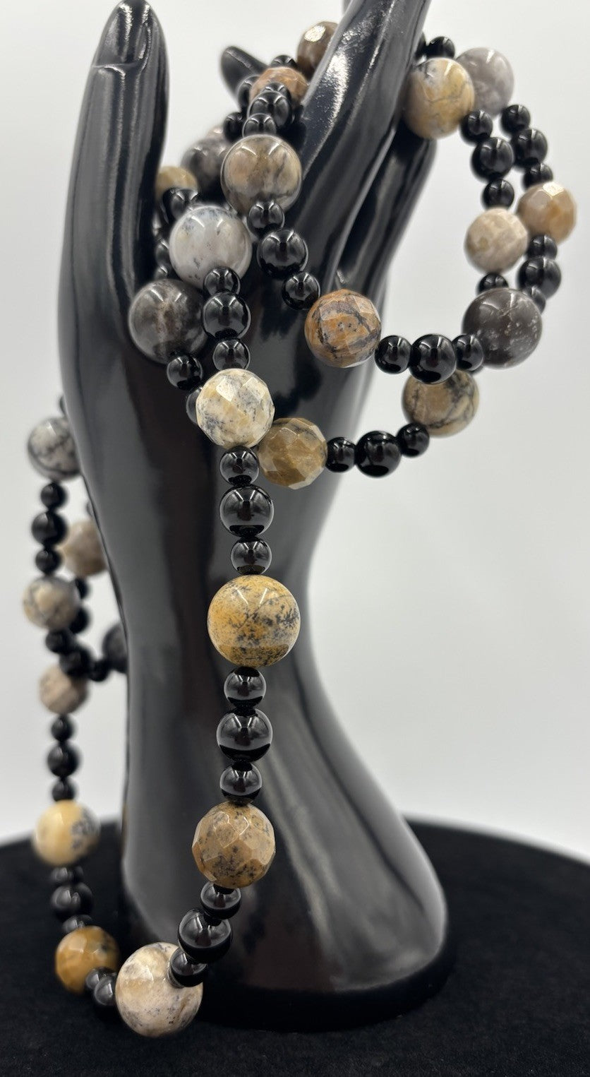 Vintage Picasso Jasper Gemstone Necklace Long Natural Stone With Black Beads