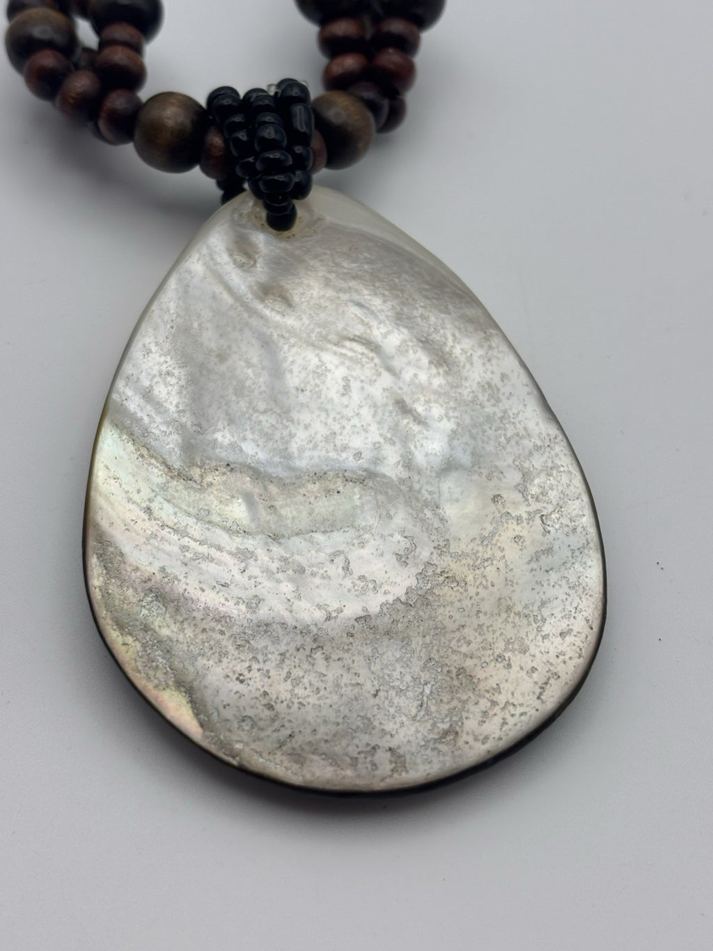 Vintage Tribal Necklace Mother of Pearl Pendant Wood Beads Ethnic Jewelry