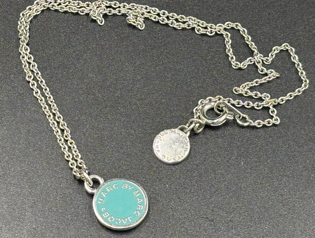 Marc Jacobs Round Logo Enamel Pendant Necklace Silver Tone