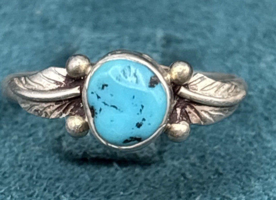 Vintage 925 Sterling Silver Turquoise Feather Ring Size 5.5