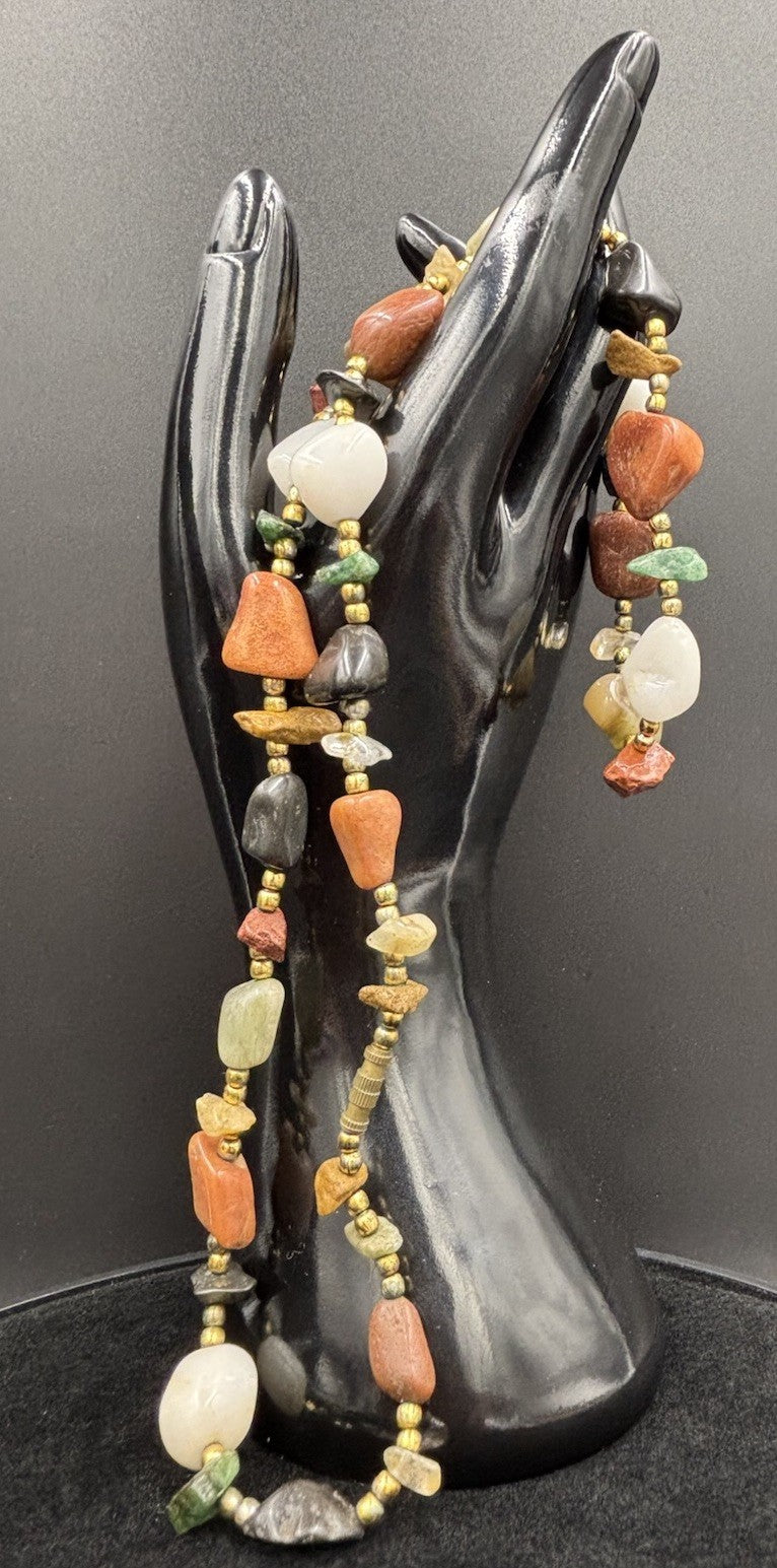 Vintage Gemstone Nugget Bead Necklace Quartz Jasper Agate Aventurine 70s Boho