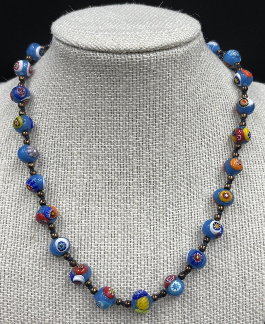 Vintage Murano Millefiori Glass Necklace Blue Beads Venetian 1950s Italy