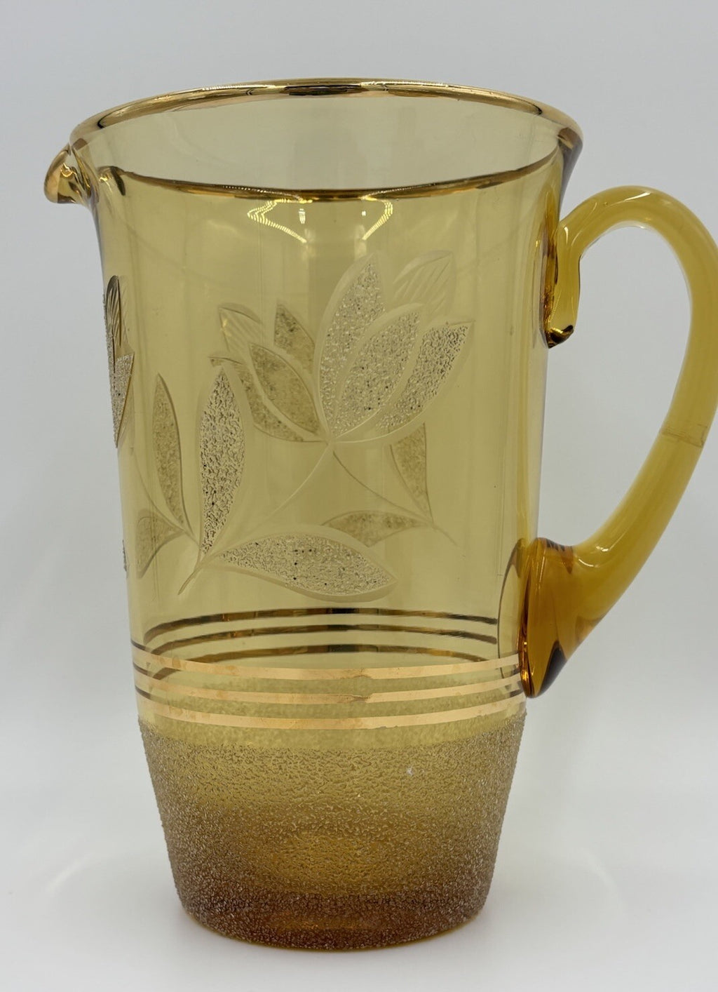 Vintage Amber Glass Pitcher & 4 Tumblers Gold Leaf Etched MCM Barware Set