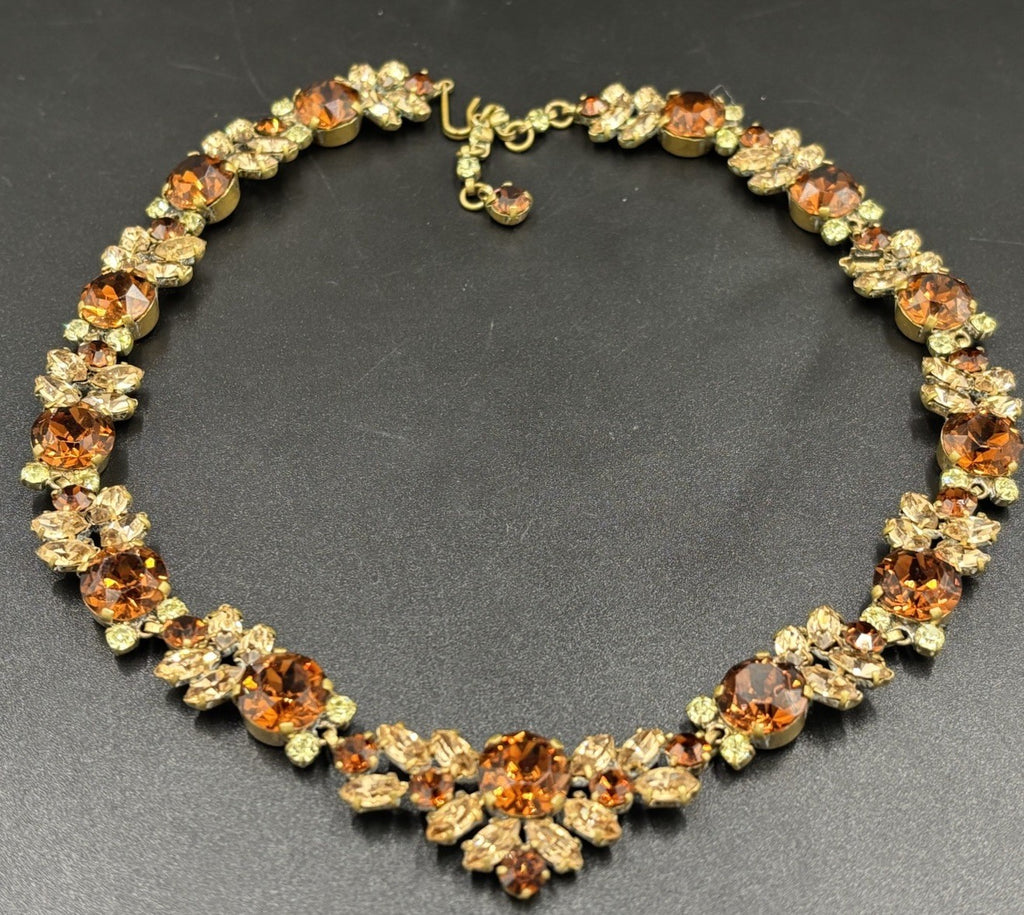 Rare Signed Austria Crystal Choker Necklace Amber Champagne Green Vintage