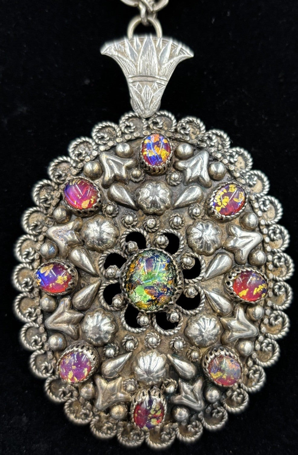 Vintage Sterling Silver Etruscan Egyptian Revival Necklace Foil Art Glass