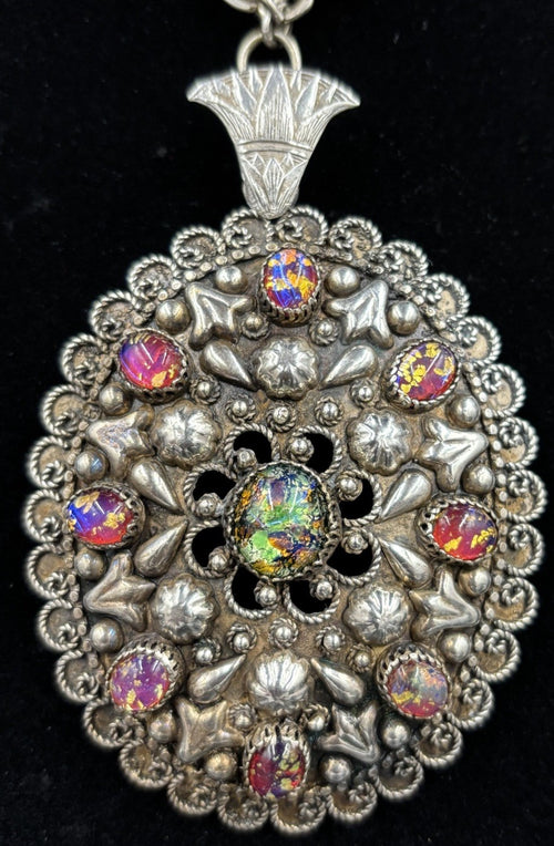 Vintage sterling silver Etruscan Egyptian Revival necklace foil art glass cabochons