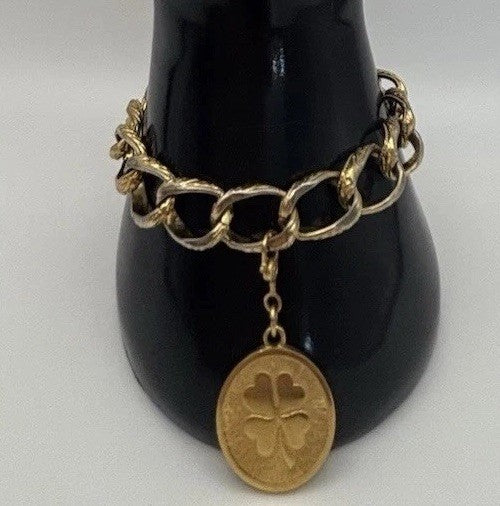 Vintage Monet Gold Tone Clover Charm Bracelet Textured Chain Signed Mid Century