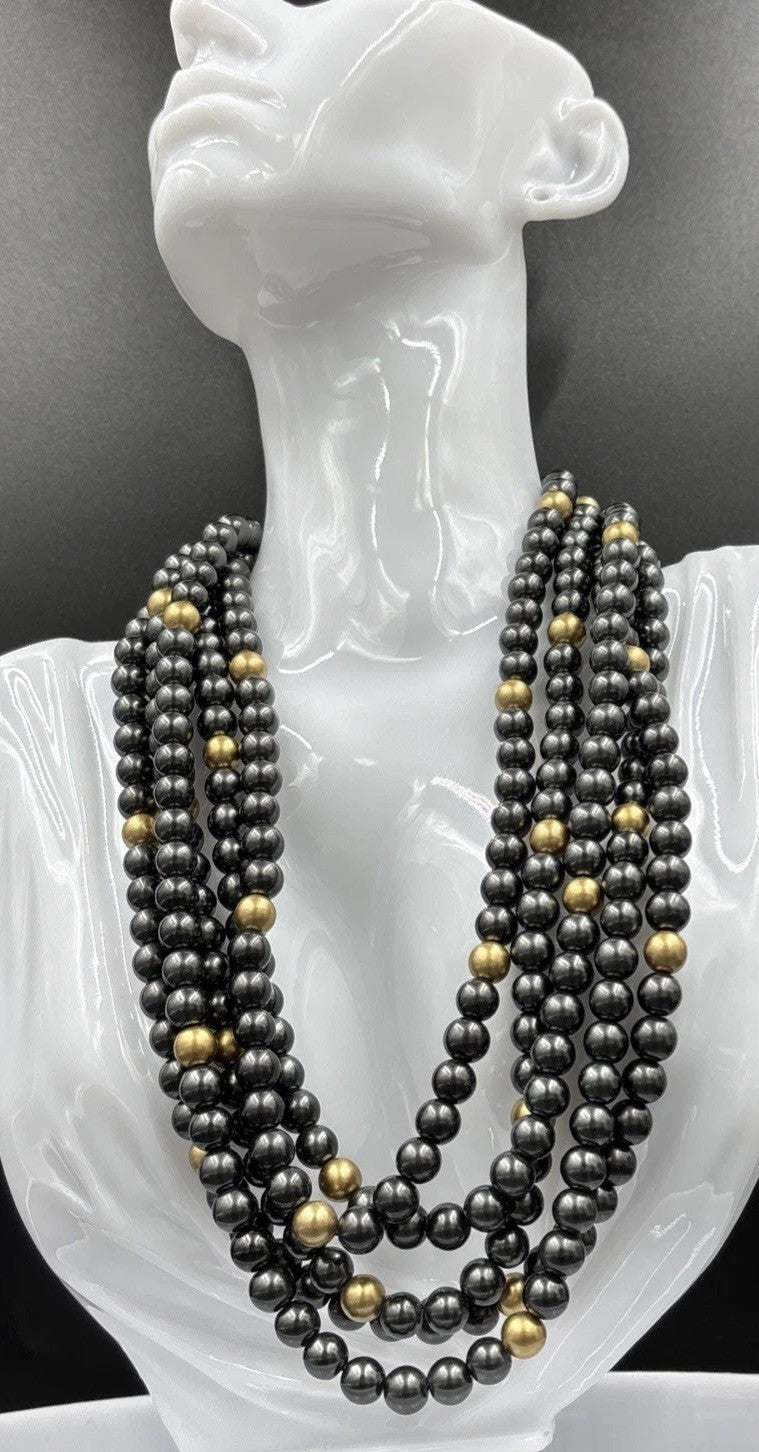 Ralph Lauren Gunmetal Gold Multi Strand Beaded Statement Necklace Toggle Clasp