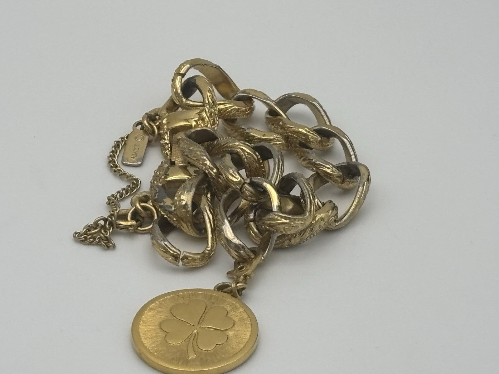 Vintage Monet Gold Tone Clover Charm Bracelet Textured Chain Signed Mid Century