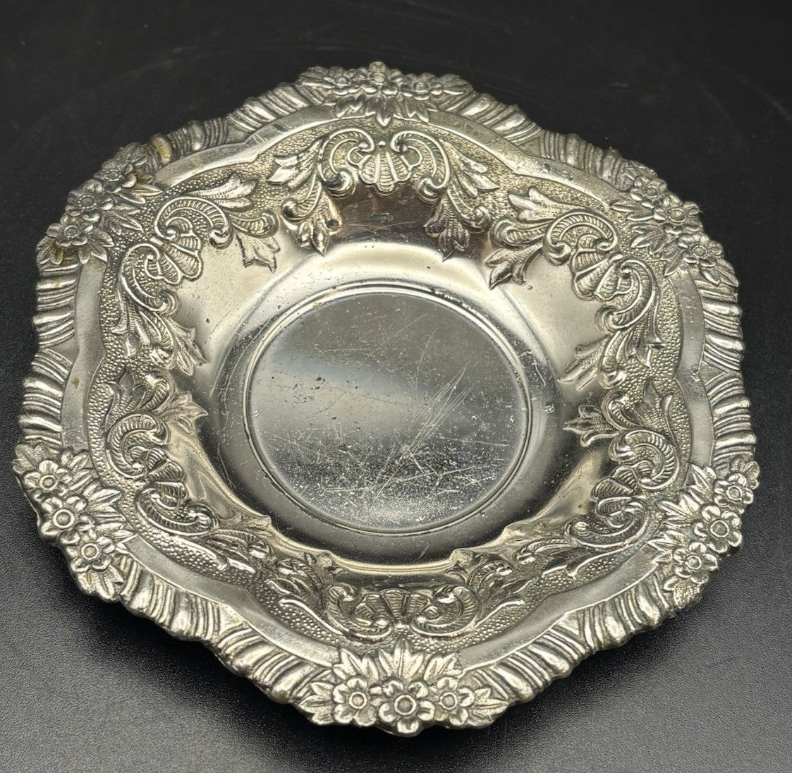 Vintage Silver Plate Ornate Dish Floral Scroll Decorative Tray Small EPNS