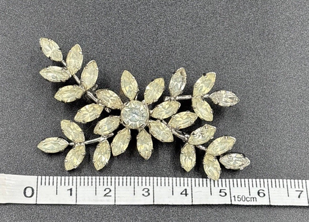 Vintage Silver Tone Floral Spray Brooch with Clear Rhinestones