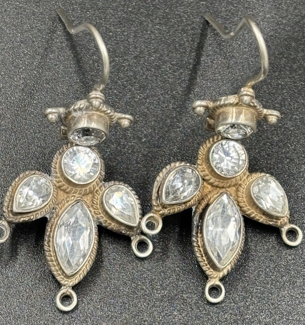 Antique Sterling Silver Crystal Drop Earrings Ornate Bezel Set 925 Design