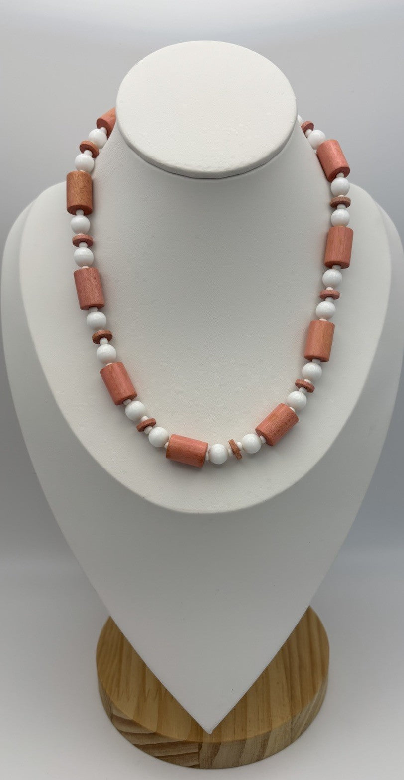 Vintage Trifari Faux Coral Pink and White Bead Necklace Signed Pat Pend