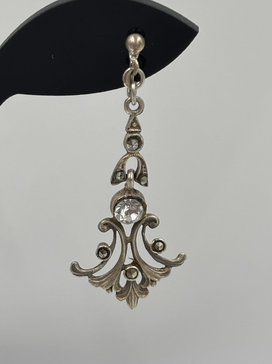 Vintage Sterling Silver Marcasite Paste Drop Earrings Screw Back