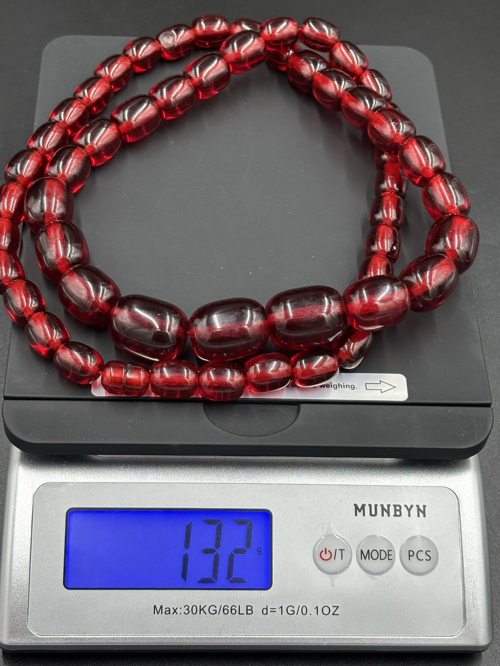 Vintage 1930s Cherry Amber Phenolic Necklace 132g Red Translucent Beads