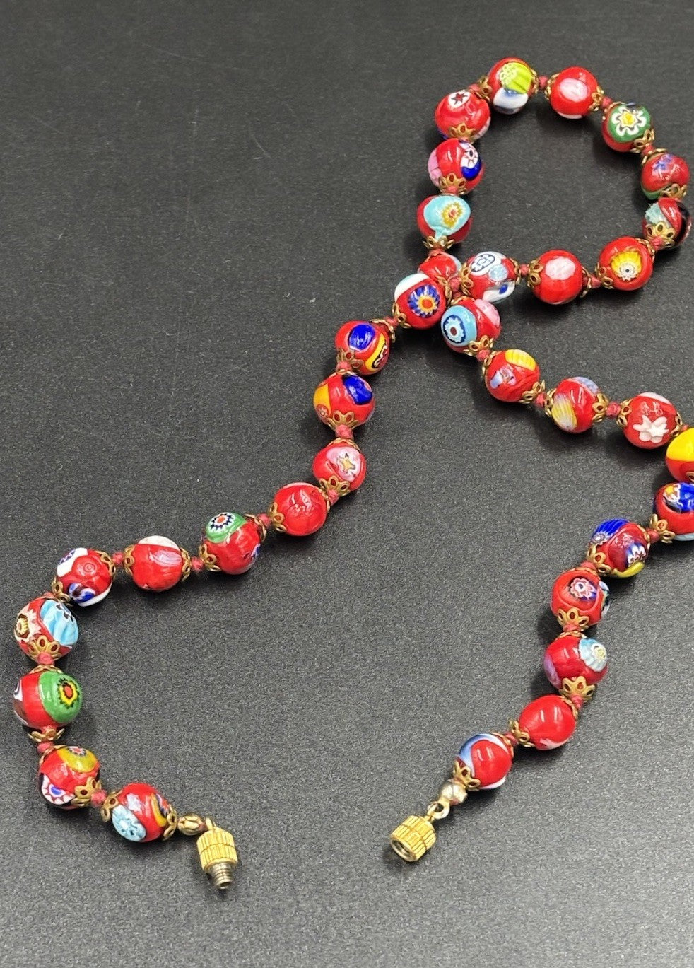 Vintage Murano Millefiori Glass Necklace Red Beads Venetian 1950s Italy