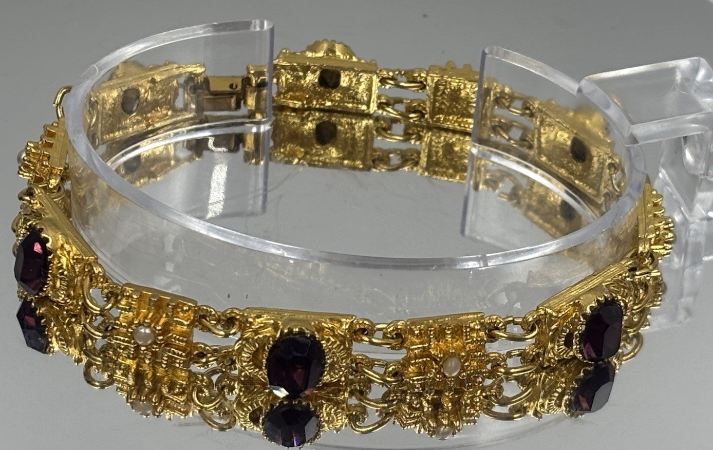 Vintage Gold Tone Panel Bracelet Garnet Style Stones Artisan 19cm