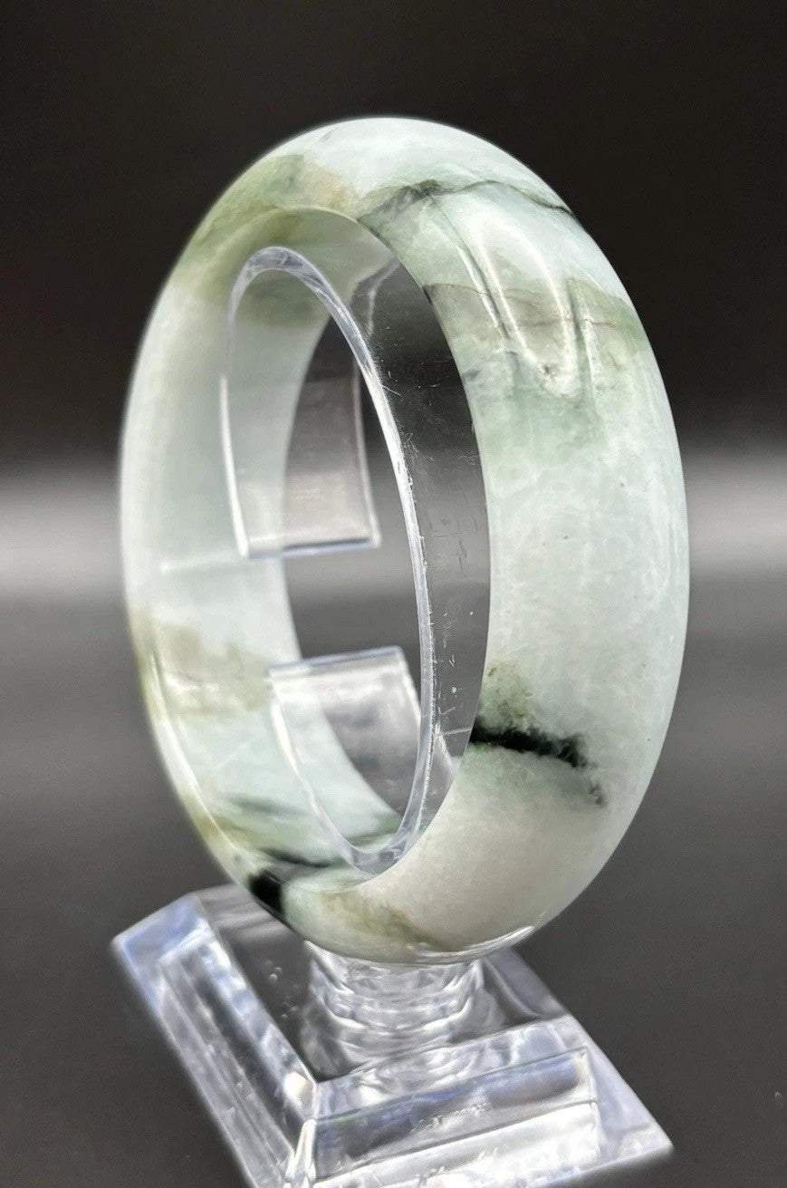 Natural Burmese Jadeite Jade Bangle Moss In Snow Heavy Carved Vintage Bracelet