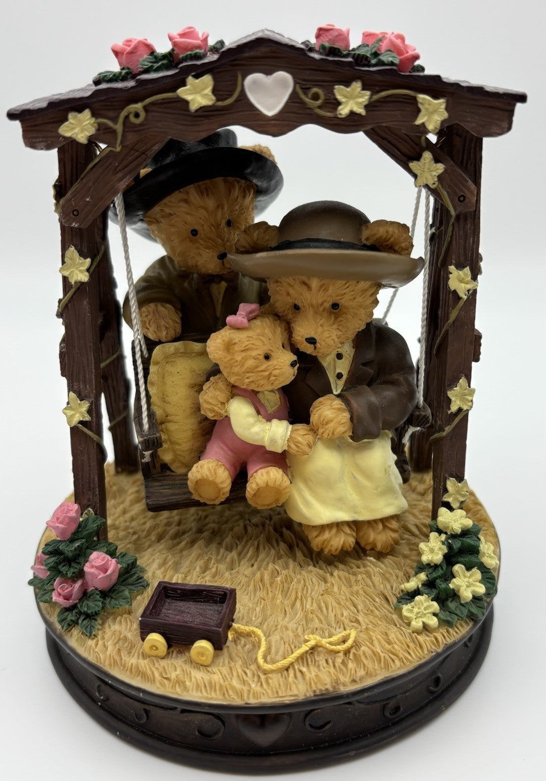 Avon Bear Figurine – Family on Swing with Roses & Wagon