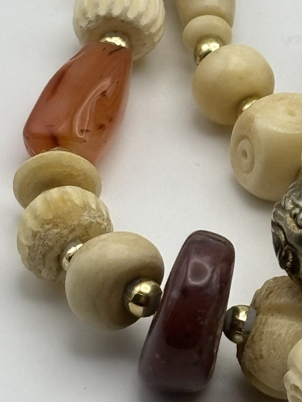 Vintage Boho Multi-Strand Necklace Faux Bone-Effect Beads Glass Carnelian Style