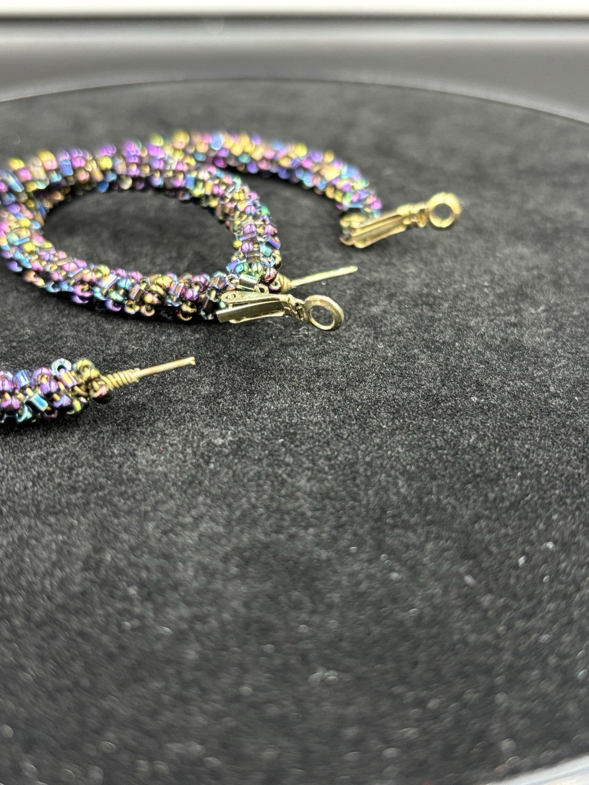 Vtg Earrings Kumihimo Beaded Peacock Earrings Large Multicoloured. ￼